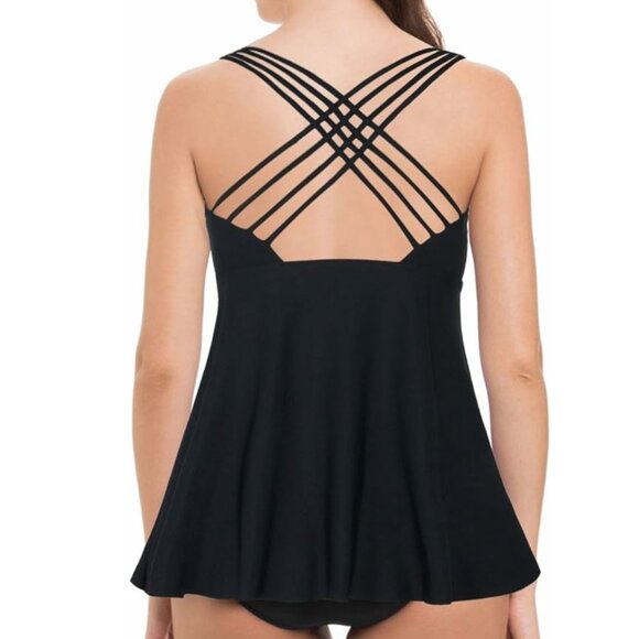 NWT Black Tankini Swimsuit Cross Back Flowy Swim Top - Modest Coverage - Size 16 - Picture 1 of 10